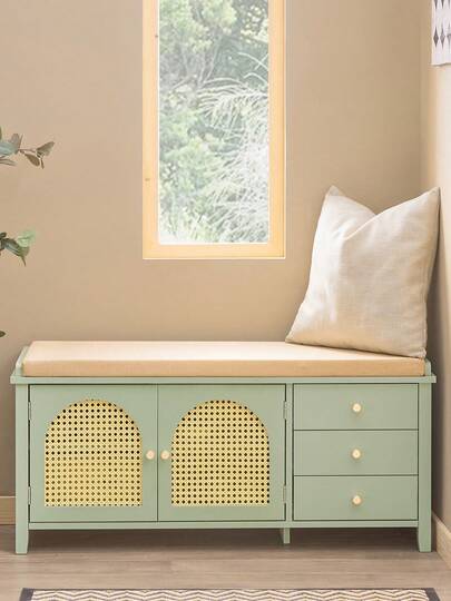 SoBuy Hallway Storage Bench Shoe Bench Shoe Cabinet With 2 Doors 3 Drawers Seat Cushion Green W100 X D34 X H46cm FSR129-GR