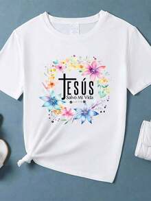 Women's & Men's One Piece, Beautiful Blouses For Women, Women's Clothing Sets, T-Shirts From Local Stores For Women And Men, John 316 Saved My Life, Watercolor Floral Design, High Quality Print, Round Neck, Basic Loose Fit, Breathable, Quick Dry, Versatile, Machine Washable, Comfortable, Daily, Casual, Sporty, Summer Essential. - 白色 - 查看 3