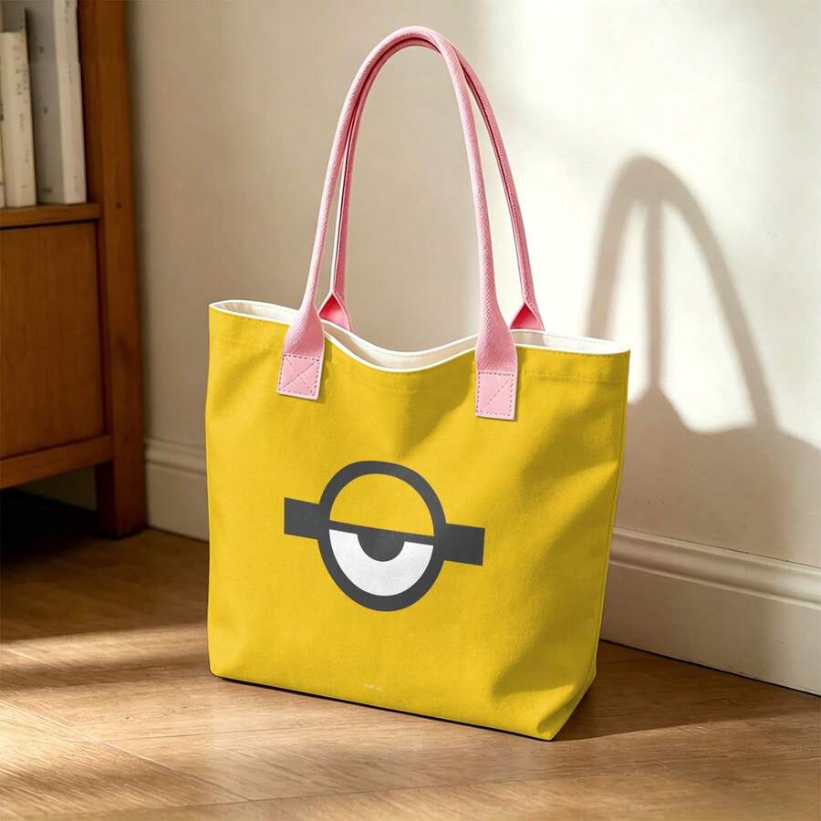 Miniso Minions Single Eye Logo Canvas Tote Bag, Bright Yellow Shoulder Bag For Daily Use - Pink - View 1