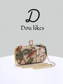 1pc Rhinestone Floral Embroidered Clutch Bag, Hard Box Style Wallet, Bridesmaid Handbag, Formal Party Bag, Wedding Purse, Suitable For Women Attending Formal Occasions, Parties, Weddings, With Detachable Chain, Showcasing Elegant Style (Pattern Randomly Cut) - Champagne - View 3