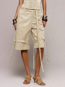 Pantalones cortos de carga con detalles de puntada y pierna ancha, perfectos para primavera y verano, para citas, salidas nocturnas, festivales, vacaciones y talla grande - Crema - Ver 2