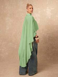Nueva llegada Blusa elegante de mujer de alta gama con cuello suelto, bajo asimétrico con volantes, parte delantera corta y parte trasera larga - Verde - Ver 7