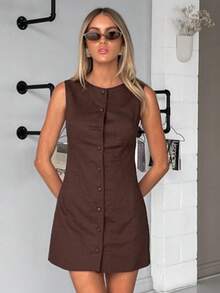 Vestido tipo tirante de algodón puro 2026, corte A ajustado, estilo elegante y sofisticado. - Café - Ver 3