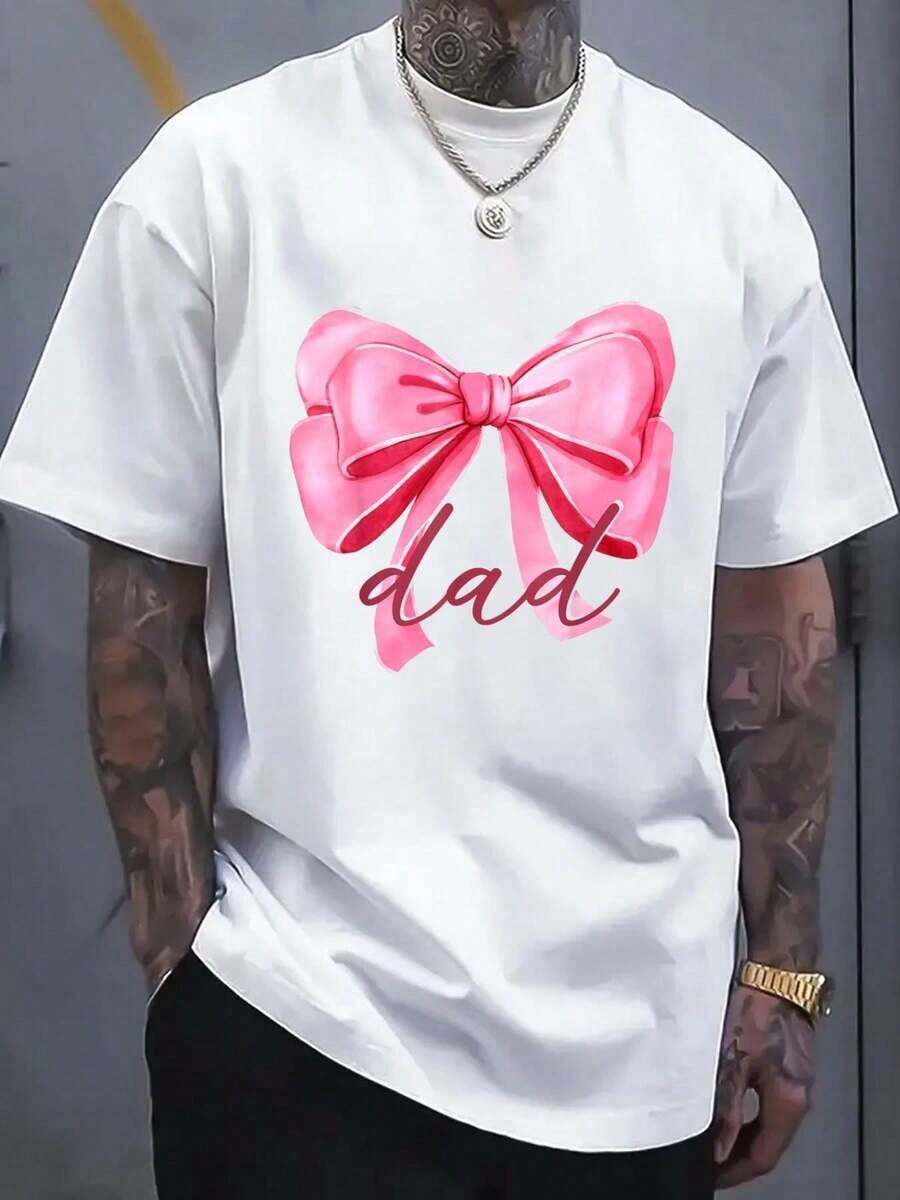 Camiseta 100% Algodón para Papá con Lazo Rosa, para Cumpleaños, Baby Shower, Familia, Camiseta con Lazo Rosa - Blanco - Ver 1