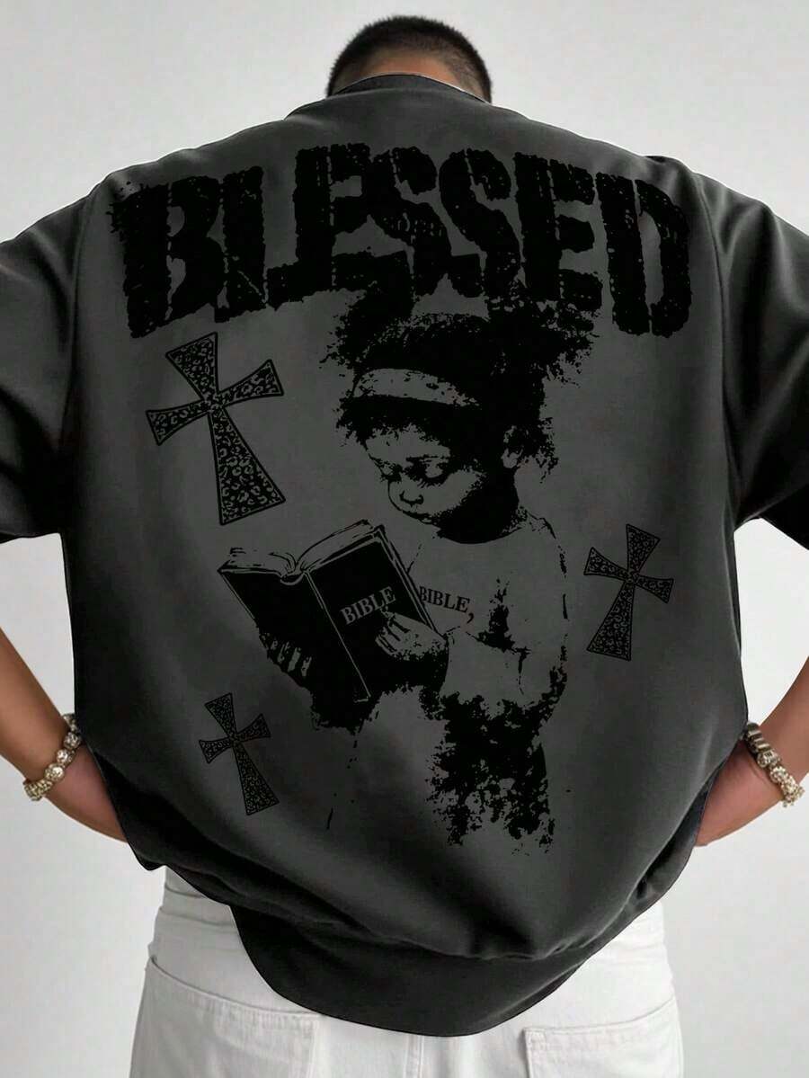 Manfinity Men's Casual T-Shirt With Cross And Letter Print, For Summer - 深灰色 2 - 查看 1