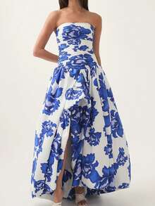 Vestido de fiesta bandeau cintura alta plisado diseño voluminoso estilo francés elegante para mujer nueva temporada - Azul - Ver 9