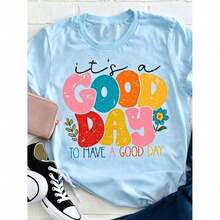 Women's Positive Motivational Slogan T-Shirt | Printed Text "Live Every Beautiful Day To The Fullest", Decorated With Colorful Fonts And Floral Patter - 淺藍色 - 查看 3