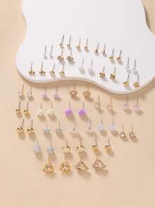 30pcs Cute Flower, Heart, Bow Shiny Earring Set, Suitable For Dating, Outing, Photo Shooting, Vacation Wear, Jewelry Gift Set - Multicolor - View 2