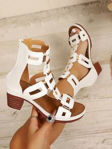 Women's Hollow Geometric Pattern Metal Rivet Chunky Heel Roman Sandals, Gladiator Sandals, Summer Shoes - White - View 5