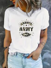 1 pieza, camiseta de manga corta de algodón puro clásica y versátil, ideal para usar en cualquier estación, con estampado Proud Army Wife para mujeres, estilo moderno - Blanco - Ver 1