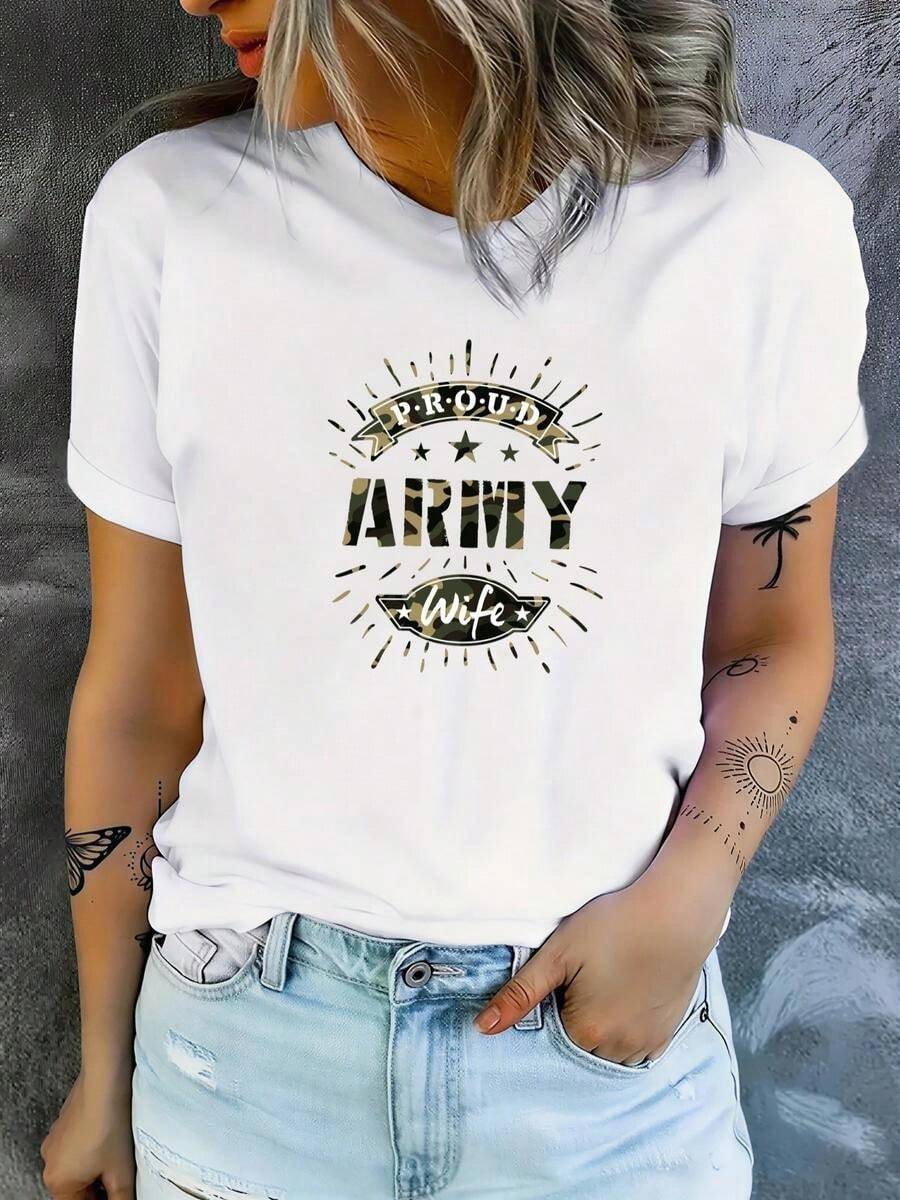 1 pieza, camiseta de manga corta de algodón puro clásica y versátil, ideal para usar en cualquier estación, con estampado Proud Army Wife para mujeres, estilo moderno - Blanco - Ver 1