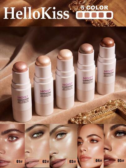 HelloKiss Barra iluminadora, brillo resplandeciente, resistente al agua de larga duración, brillo natural, fácil aplicación, mezcla suave, realza los contornos faciales, adecuado para principiantes, maquillaje diario, fiestas, bodas, festivales, regalo para mujeres y niñas