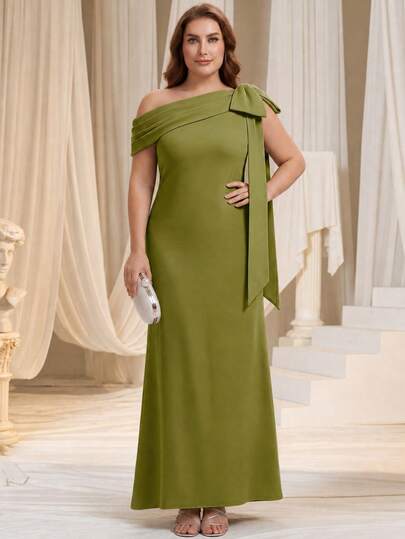 EVERPRETTY Plus Size Summer Elegant Sleeveless Asymmetric Neckline Long Green Formal Dress Decorated With Bow Suitable Party Semi Formal Wedding Guest Dress