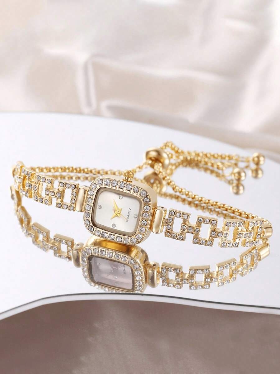 1pc Business Elegant Women's Gold Square Case Rhinestone Dial Square Crystal Inlaid Pull-Out Adjustable Strap Hip-Hop Style Quartz Watch - White - View 1