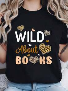Camiseta De Manga Corta Con Cuello Redondo Estampada Con El Lema Wild About Books Leopard I Love Reading Book Lover Para Mujeres, Casual, De Verano, Con Gráfico De Libro Para Amantes De La Lect blusas para mujer camisa - Negro - Ver 1