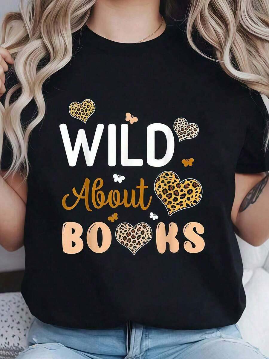 Camiseta De Manga Corta Con Cuello Redondo Estampada Con El Lema Wild About Books Leopard I Love Reading Book Lover Para Mujeres, Casual, De Verano, Con Gráfico De Libro Para Amantes De La Lect blusas para mujer camisa - Negro - Ver 1