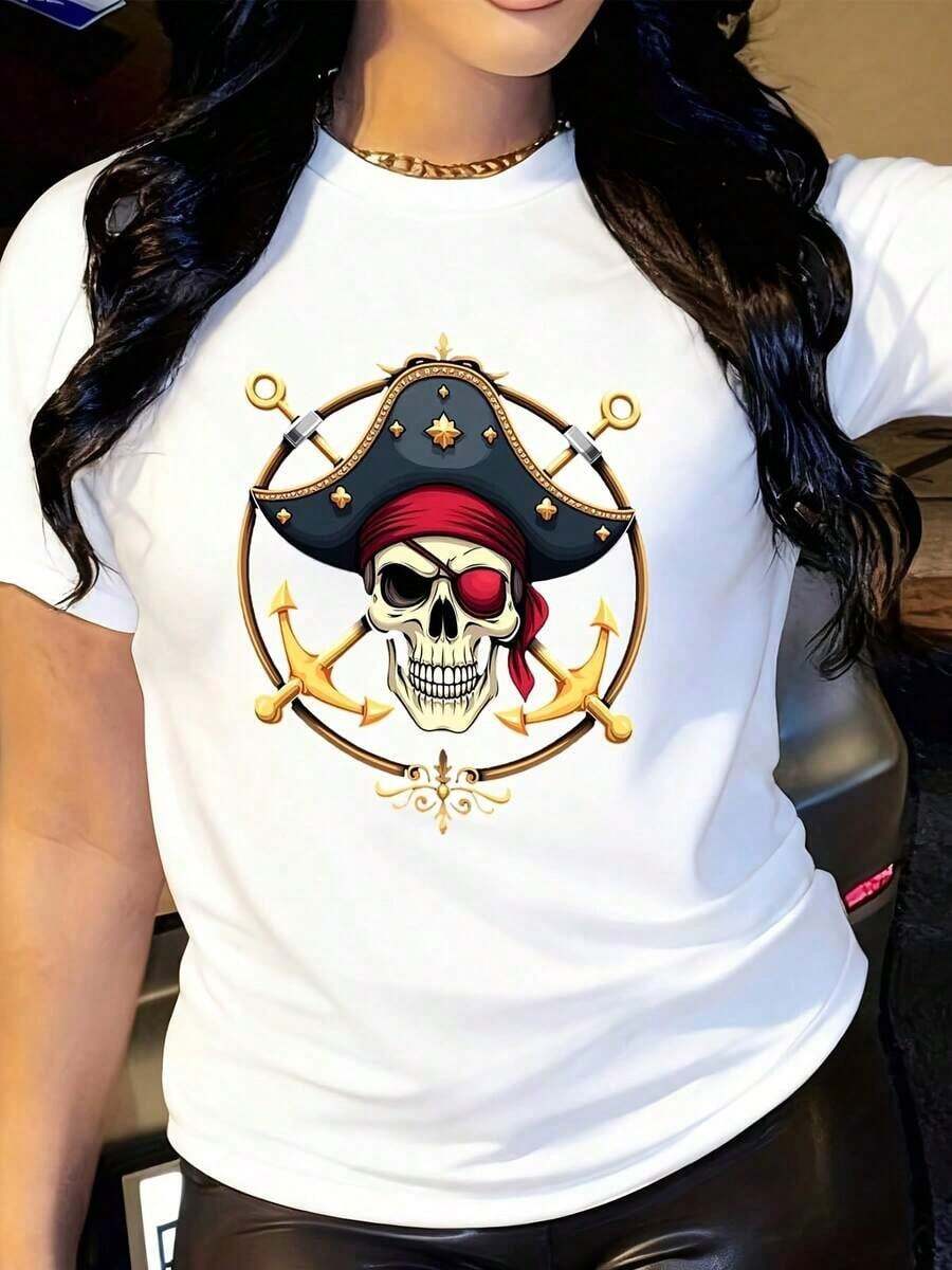 ropa de mujer Camiseta con estampado de calavera pirata y anclas doradas para mujer - 100% casual, corte relajado, diseño náutico pirata con sombrero tricornio y espadas cruzadas - Atuendo casual cómodo para todas las estaciones, ideal para fiestas temáticas y uso diario, estilo de fin de semana, material transpirable, tela suave, camiseta estampada, camisas de mujer - Blanco - Ver 1
