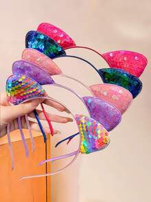 6/3/1 Pcs Shiny Sequin Cat Ear Headbands Set, Available In Dreamlike Pink, Mysterious Purple, Energetic Red, And Vibrant Rainbow Colors. Exquisite Craftsmanship - Suitable For Girls And Teenagers, Whether For Theme Parties, Anime Conventions, Birthdays, Vacations, Or Daily Styling, Wearing Them Will Instantly Add A Playful And Cute Vibe, Making You The Center Of Attention. - Multicolor - View 3