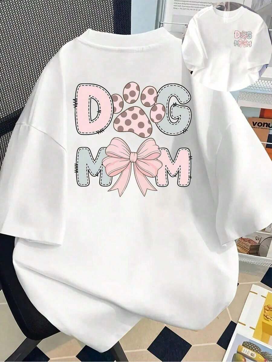 Camisetas de manga corta de talla grande para mujer, ideales para el verano, camisetas básicas de uso diario, camiseta estampada de manga corta con diseños frontales y traseros - Temática de mamá de perro, mascota - Camiseta estampada de primavera/verano para mujer, artículo de moda, versátil y casual, transpirable y cómoda. - Blanco - Ver 1