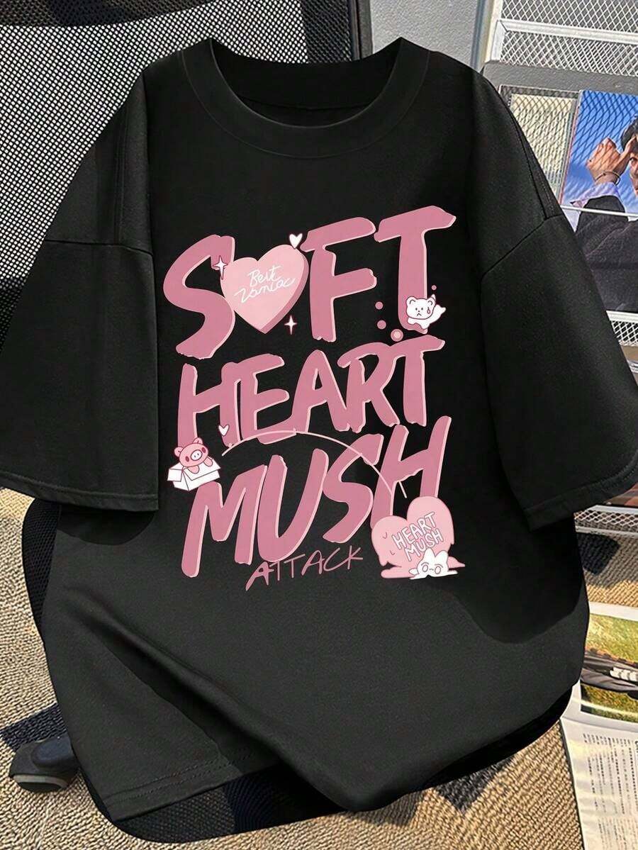 Camisetas de manga corta de talla grande, suaves y transpirables para mujer - Tops casuales de corte holgado para uso diario, camiseta de manga corta, camiseta de manga corta pura, camiseta con estampado de dibujos animados, estilo universitario para chicas, top de verano súper elegante y cómodo. - Negro - Ver 1