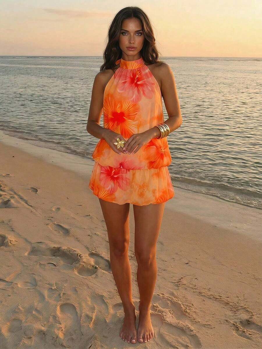 Vestido casual de verano para mujer con cuello halter, unicolor y volantes en el bajo - Naranja - Ver 1