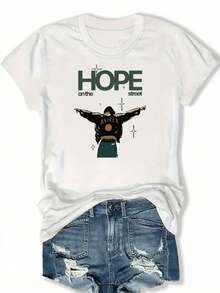 Women's Plus Size "Hope On The Street" Graphic T-Shirt - Casual Crew Neck, Short Sleeve, Lightweight, Summer And Spring Fashion, Relaxed Fit, Everyday Wear T-Shirt | Loose Fit T-Shirt | Lightweight Fabric - 白色 - 查看 6