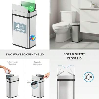 iTouchless 4 Gallon Slim Sensor Garbage Can Lid Opens Right with AbsorbX Odor Control 15 L Slim Stainless Steel Automatic Trash Bin Space-Saving Bin for Bathroom Kitchen Office Hotel