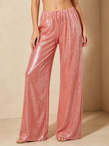 Women's Sparkle Sequin Pants Lightweight Elastic Waist Wide Leg Loose Pants Trousers - Naranja - Ver 2