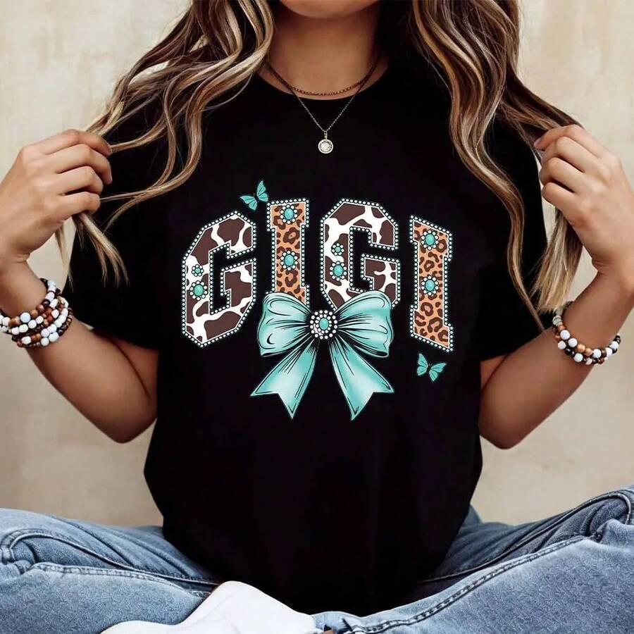 Camiseta de Verano de Alta Gama para Mujer, Estampada, Casual, con Diseño de Leopardo Gigi, Lazo Turquesa y Mariposas, para Ocio y Actividades Deportivas - Negro - Ver 1