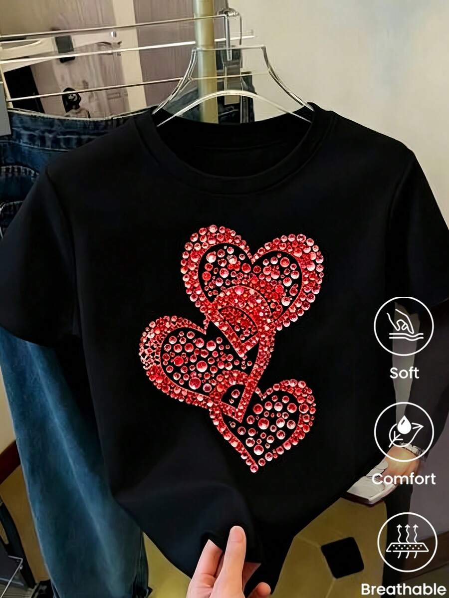 180 g Hecho en México, Moda Primavera/Verano 2026 Camiseta de manga corta, Estampado de dibujos animados, Estilo para parejas, Ropa interior/exterior, Cuello redondo informal para la oficina, Top unisex de una pieza - Negro - Ver 1