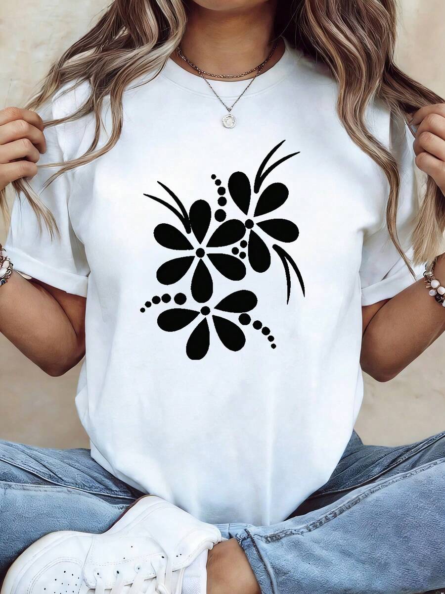 Camiseta de talla grande para mujer con estampado gráfico de flores tradicionales, manga corta y cuello redondo, top casual para verano y primavera, ropa de mujer - [Blanco] - Ver 1