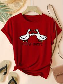 Women's T-Shirt With English Letter Print By Goose, Fresh Summer Style, Round Neck And Short Sleeves, Sporty And Casual, Apricot Color, Sizes S-XXL. - 紅色 - 查看 7