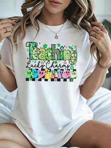 Elegant And Casual Women's Short-Sleeved T-Shirt With Lucky Charm Print For St. Patrick's Day, Featuring Colorful Green Marshmallow Characters, White Casual Wear For Women, Spring Summer. - 白色 - 查看 8