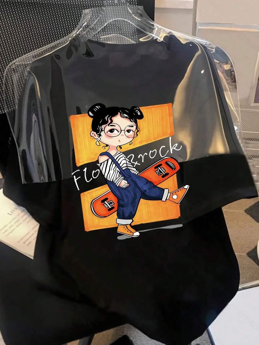 Camiseta de manga corta para mujer de puro algodón - corte holgado, cuello redondo, estilo casual, estampada con dibujos animados, detalles en negro y amarillo, lavable a máquina para comodidad durante todo el año, camiseta de algodón, diseño de estampado único, versátil y a la moda. - Negro - Ver 1