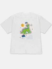 [Alta calidad]Nueva camiseta de manga corta holgada con estampado de dinosaurio divertido estilo coreano, primavera/verano 2026, estilo casual llamativo para salidas de verano, blusa moderna, linda y elegante para mujer para el verano. - Blanco - Ver 1
