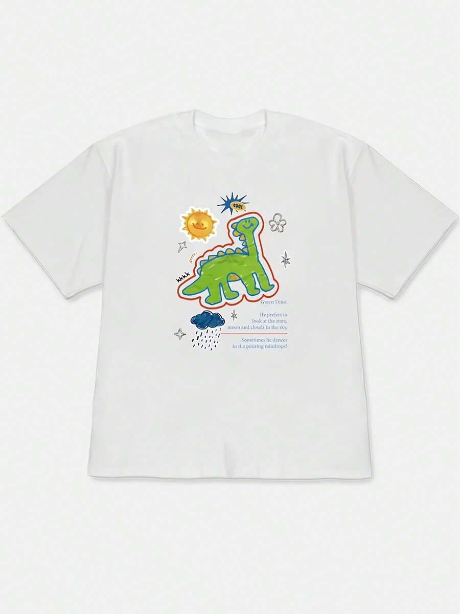[Alta calidad]Nueva camiseta de manga corta holgada con estampado de dinosaurio divertido estilo coreano, primavera/verano 2026, estilo casual llamativo para salidas de verano, blusa moderna, linda y elegante para mujer para el verano. - Blanco - Ver 1