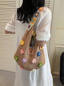 Novo Lançamento de Verão Estilo de Férias Moda Casual Bolsa de Palha, Bolsa de Ombro de Grande Capacidade para Compras de Mulheres - Caqui - Visão 8