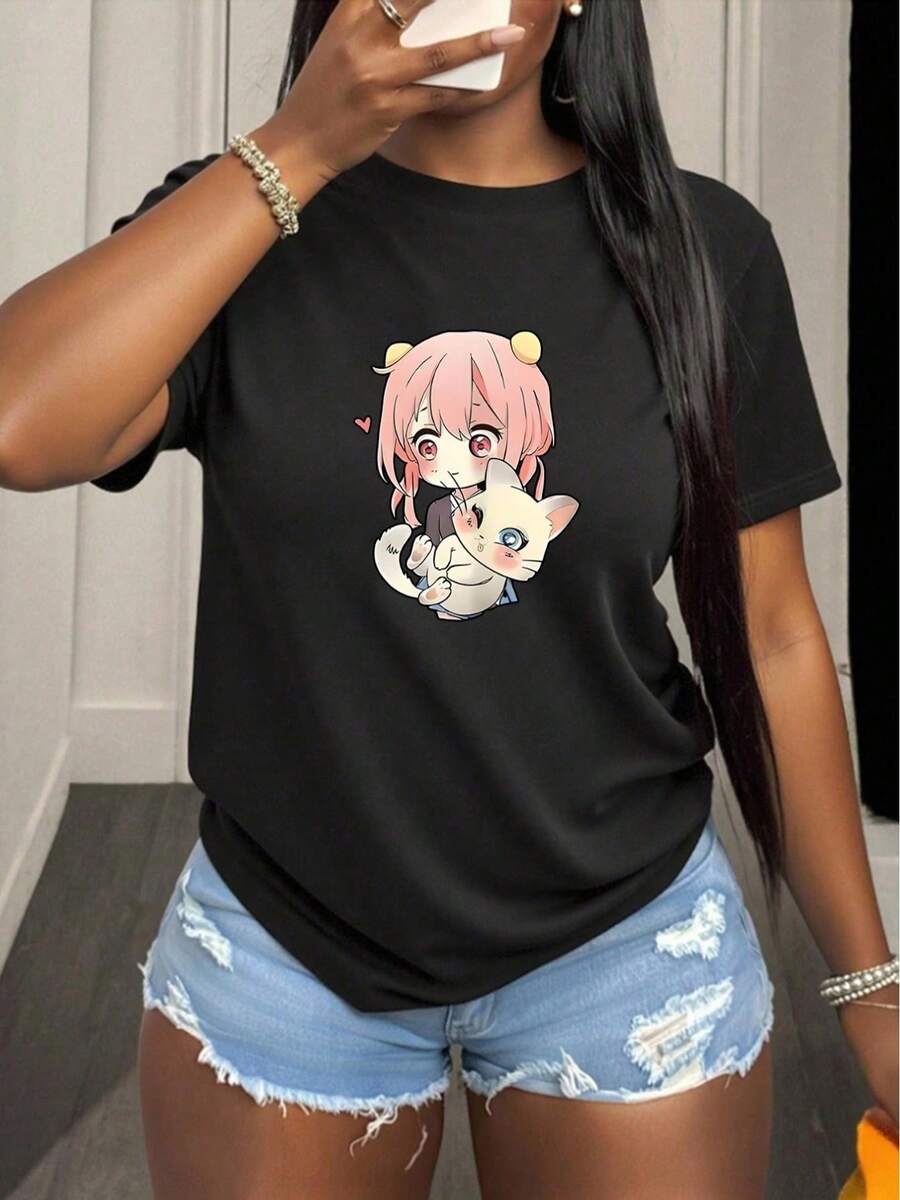 Women's Oversized Extra Large T-Shirt, Casual Cotton T-Shirt With Anime Girl And Cat Design, Lightweight And Comfortable Short Sleeve Top For Parties, Perfect Gift For Friends, Suitable For Home, Cafes Or Outdoor Activities, Women's Going Out T-Shirts - 黑色 - 查看 1