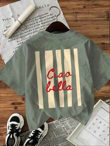 Camiseta de edición limitada con estampado gráfico, manga corta, cuello redondo, top casual para verano y primavera, ropa de mujer, algodón ligero. - Verde - Ver 2