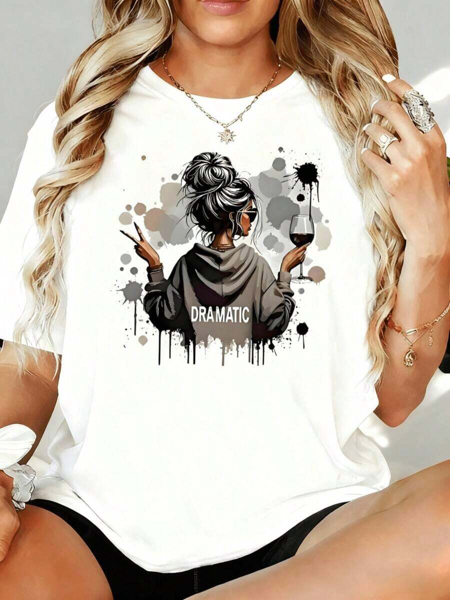 Camiseta Gráfica con Diseño de Mujer Dramática con Copa de Vino y Símbolo de la Paz para Mujer, Camiseta Casual de Talla Grande, Camiseta de Moda, 180g, para Ocio, Hogar, Aire Libre, Regalo para el Día de San Valentín o Fiesta - Blanco - Ver 1