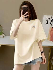 Camiseta de Edición Limitada con Patrón Geométrico - Manga Corta Suave, Cuello Redondo, Top Casual para Mujer, Ropa Estampada Estilo Y2K, Algodón Ligero - Albaricoque - Ver 12
