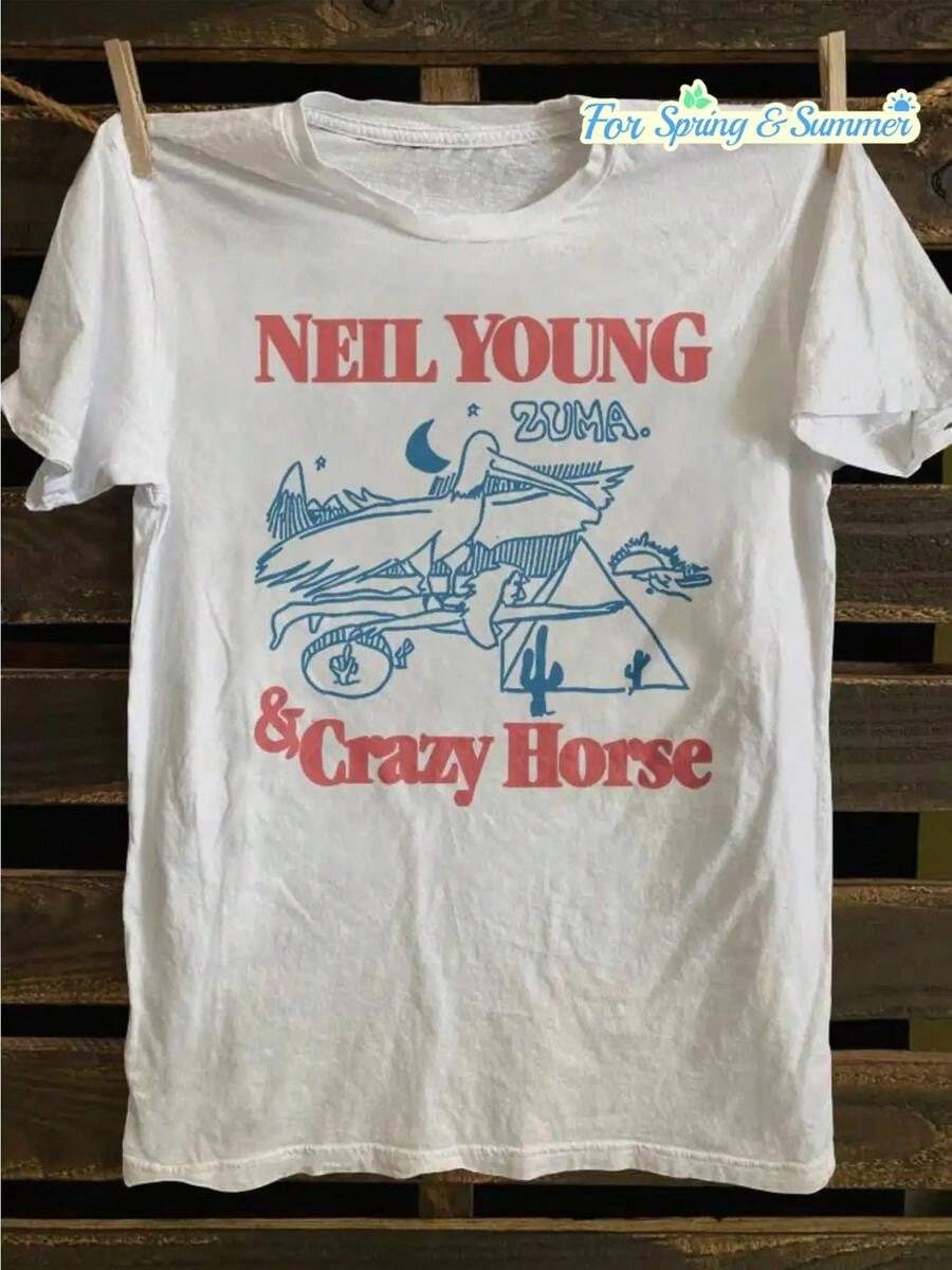 Vintage Off-Shoulder T-Shirt With Print - Retro Artistic Design Of Crazy Horse And Zuma Albums From The 70s, Soft, Stretchy, Crew Neck, Casual Short Sleeve Top Suitable For Spring - 白色 - 查看 1