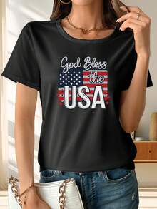Camiseta de diseño sencillo con estampado de la bandera estadounidense, de manga corta, corte holgado y casual para mujer, casual y elegante, estilosa y práctica para el verano. - Negro - Ver 3