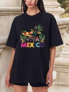 Ropa Curvy En Oferta Y  Camiseta Oversized Y2K Para Mujer - Blanca, Manga Corta, Con DiseñO De "MEXICO", Mariachi Y Cactus, Atuendo Casual De Verano Para Viajes, Para Uso Diario Y Fiestas De TemáTica Mexicana, Camisetas GráFicas Para Mujer, Camisetas Emo Para Mujer, Camisetas GráFicas Oversized Para Mujer, Camisetas Hip Hop Para Mujer, Camisetas Wild Soul Para Mujer, Camisetas Para Mujer, Camisetas Peculiares Para Mujer, Camisetas Para Mujer, Camisetas De Moda Para Mujer, Camisetas Para Dama, Camisetas Estampadas, Camisetas Novedosas Para Mujer, Camisetas Femeninas, Camisetas De Verano.Camisetas Para Mujer Y2K - Negro - Ver 8