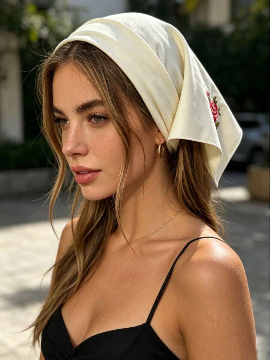 1pc New Retro Solid Color Rose Pattern Triangular Scarf Headband Hair Accessory, Elegant And Versatile, Classic, Suitable For Daily Outings And Party Wear, Women's Headband Hair Accessory Vacay Bandanas - Multicolor - View 1
