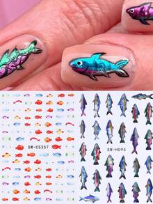 2張3D海洋魚類美甲貼紙貼花，可愛多彩小魚與閃亮全息大魚設計，自黏式美甲裝飾貼，夏季美甲裝飾 - 彩色 - 查看 2