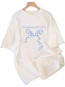 Camiseta de manga corta blanca de algodón puro para mujer, estilo popular 2025, con estampado de lazo lindo, corte holgado. - Blanco - Ver 5