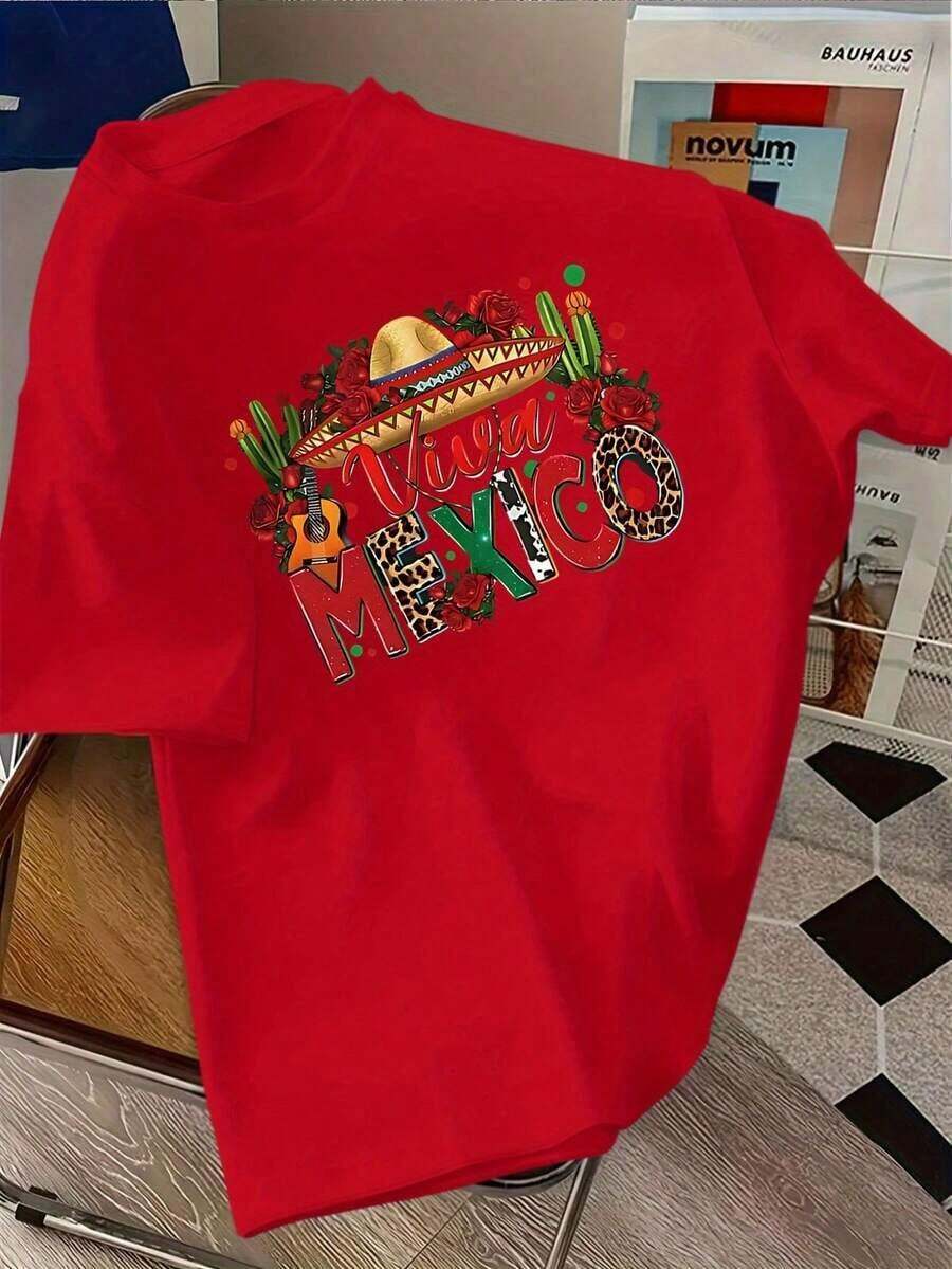 Camisetas Ligeras con Estampados Estilo Mexicano Viva México, Manga Corta, 95% Algodón, Corte Holgado, Casual, Unisex, 100% Algodón, Opción Popular - Rojo - Ver 1