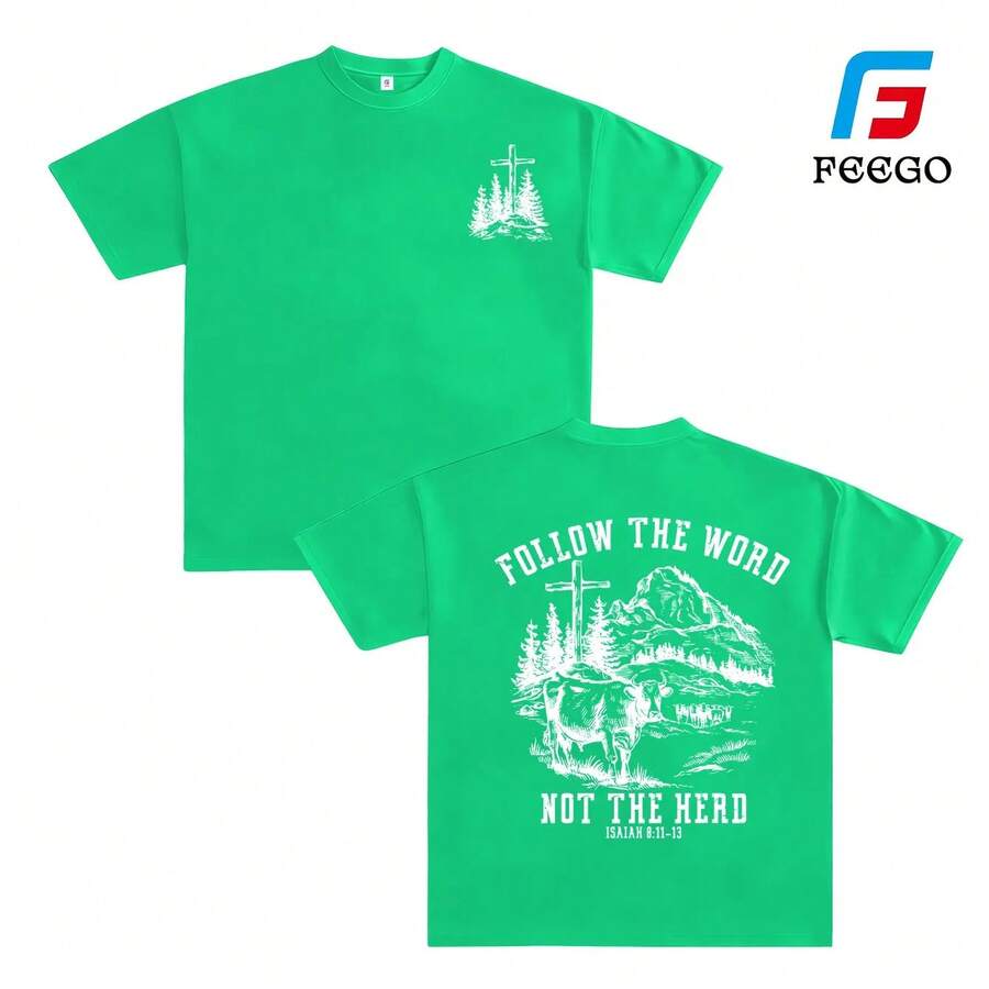 Camiseta FEEGO Faith 2026 "Sigue la Palabra, no el rebaño" - Con gráfico de cruz, vaca y montaña para uso en la iglesia o al aire libre, mensaje cristiano evangélico, ropa unisex para hombre y mujer. - Verde - Ver 1