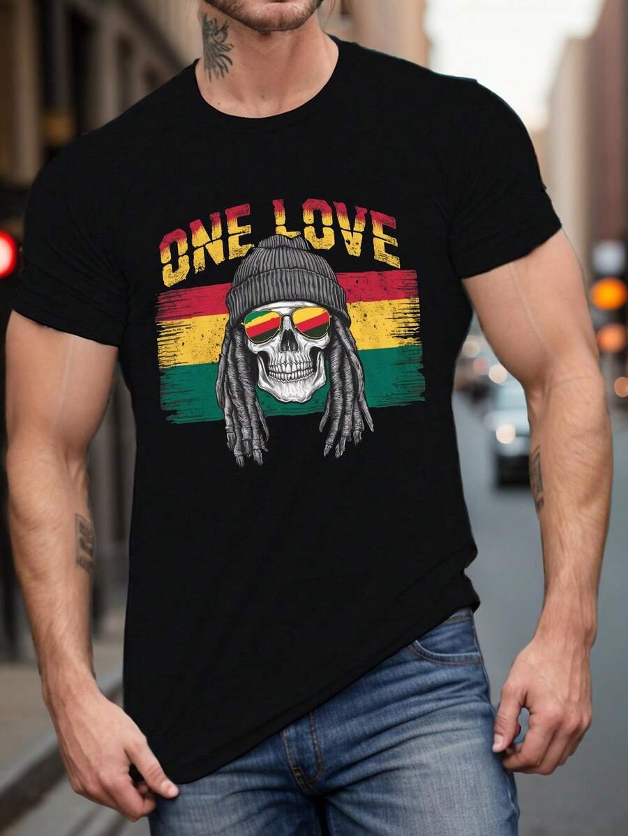 S Summer Shirt With A Skull Print And The Slogan "ONE LOVE." Casual, Short-Sleeved Top For Everyday Wear. Knitted, Fitted, Crew Neck, Stretch Fabric, Geometric Pattern. Stylish And , Ideal For Tall, Muscular . Loose And Comfortable. - Back - View 1